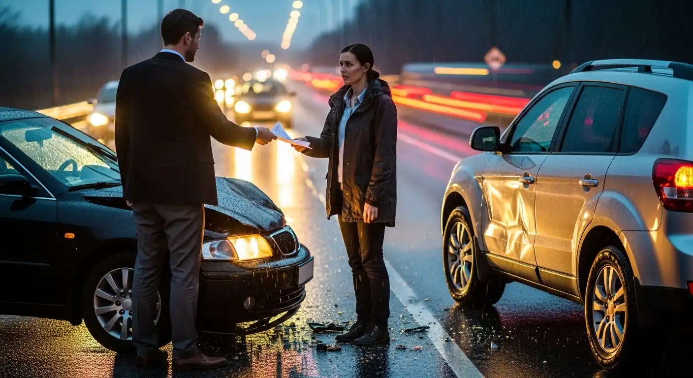 A man in a suit hands a piece of paper to a woman standing between two damaged cars on a wet highway at night, with blurred headlights and taillights in the background.