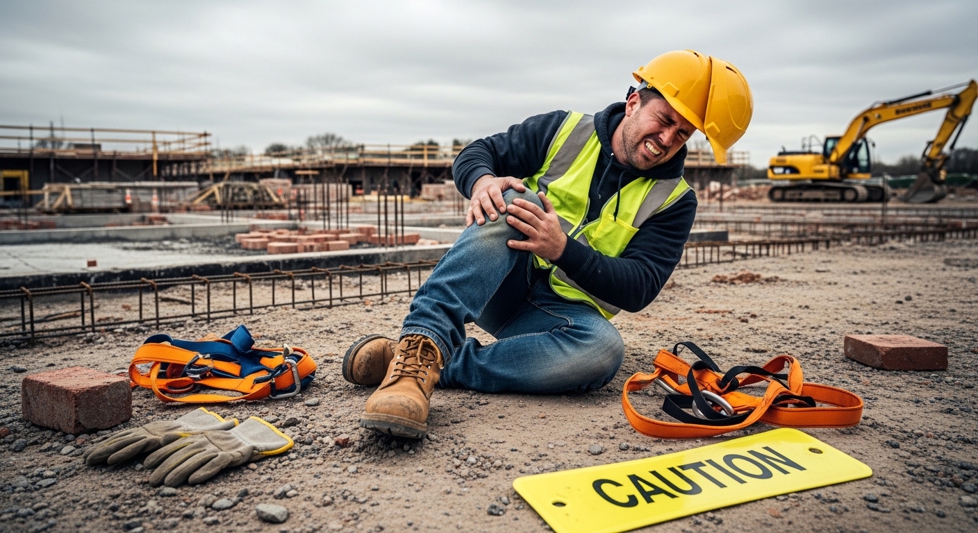 An injured construction worker in a safety vest and hard hat sits on the ground clutching his knee in pain at a job site near a caution sign.