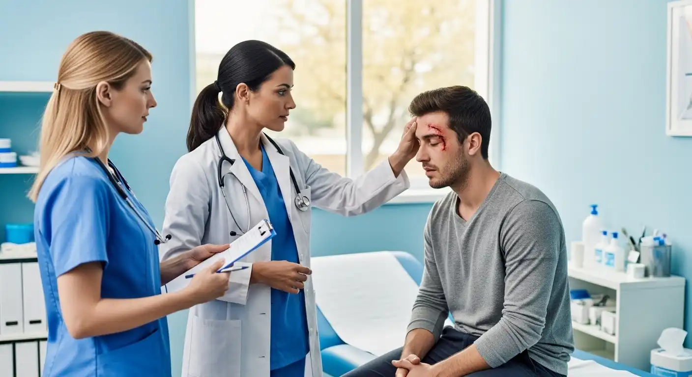 A female doctor in a white lab coat examines a facial laceration on a male patient's forehead while a nurse in blue scrubs stands by with a clipboard in a bright clinical room.