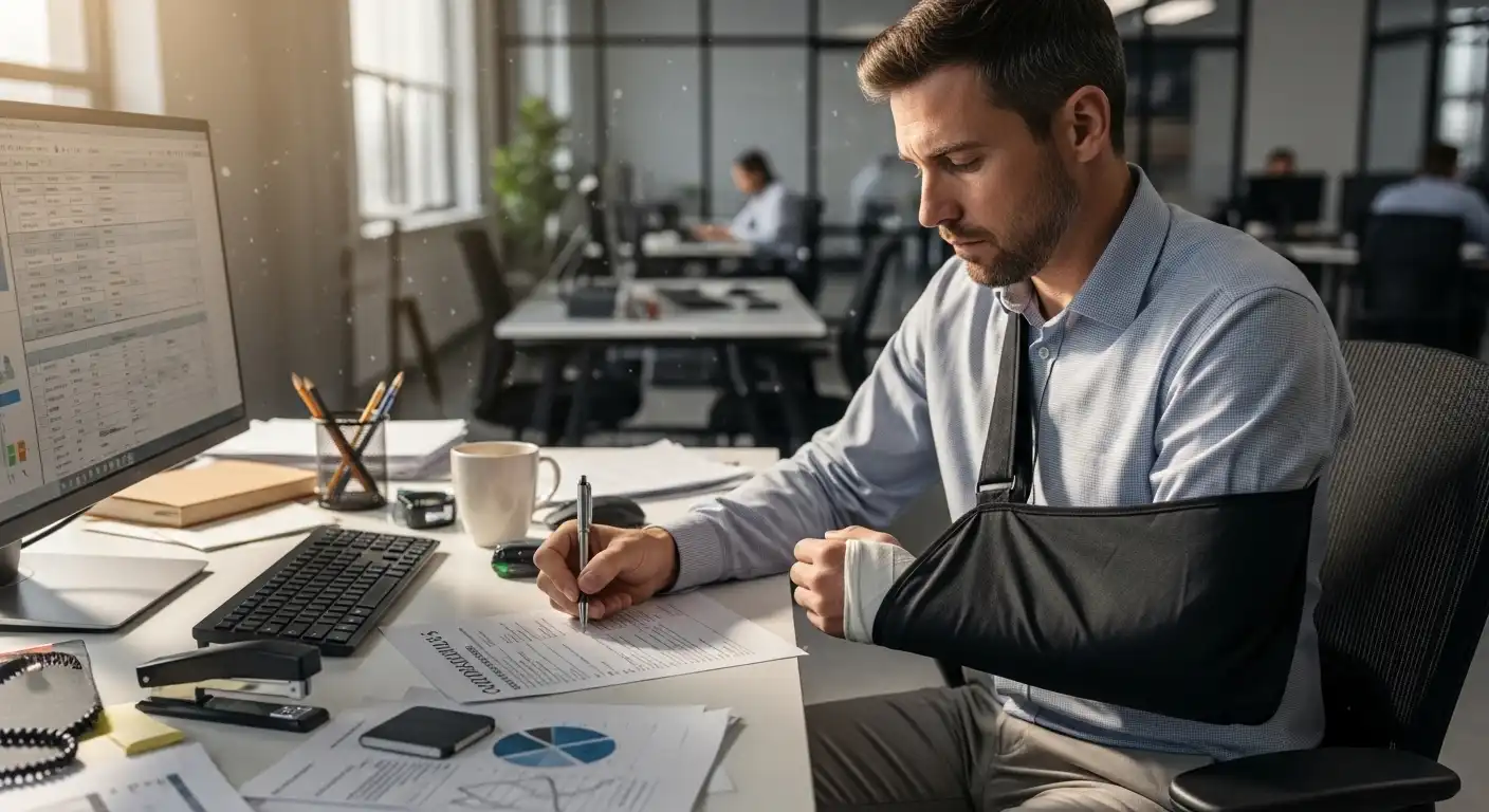 A male employee with a bandaged hand and his arm in a black medical sling sits at an office desk, struggling to sign a document with his other hand.