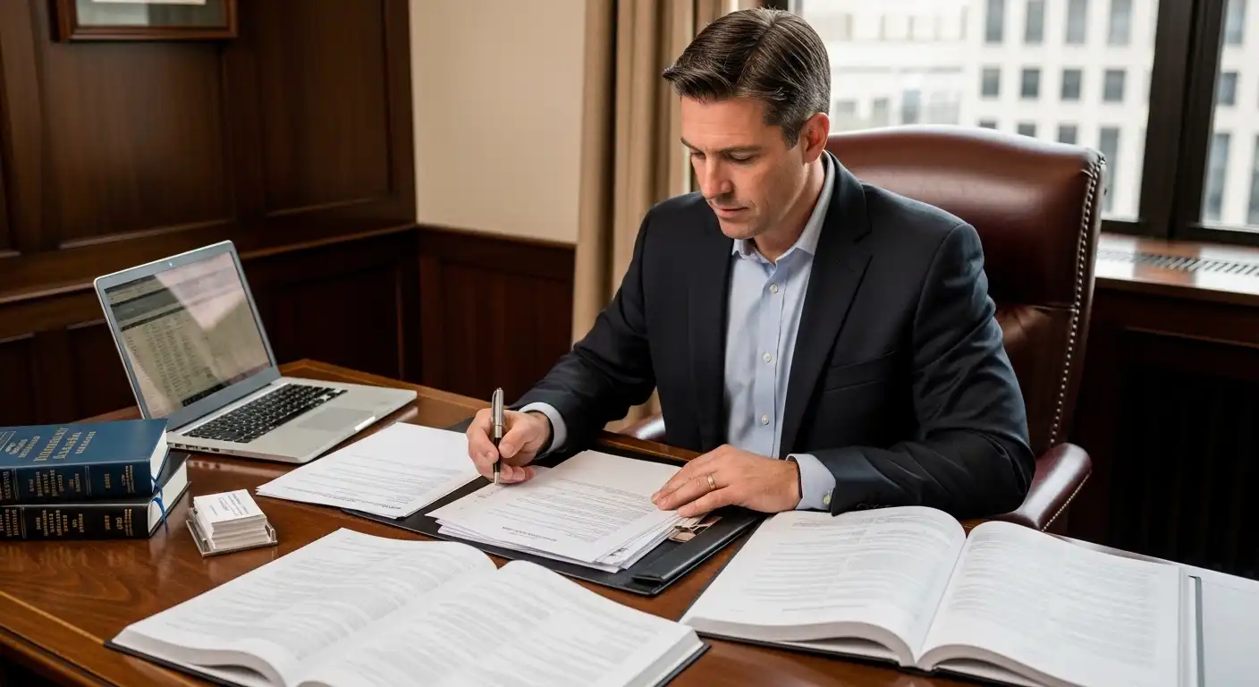 A male attorney in a suit sitting at a large wooden desk, focused on signing or reviewing legal paperwork with several open law books, a laptop, and business cards nearby.