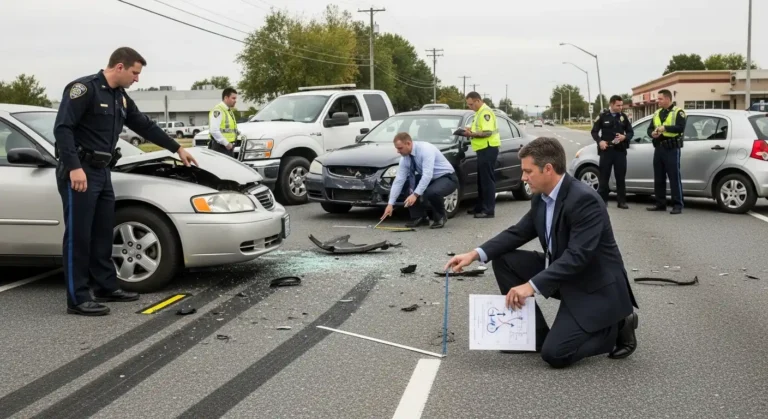 A legal investigator in a suit kneels on a highway to review a site map near skid marks, while police officers stand by a damaged black car to document the accident scene.