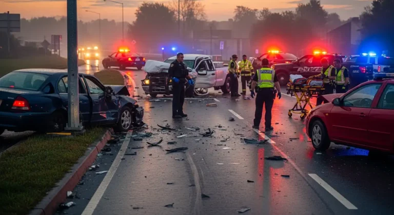 A wide shot of a major car accident involving a blue sedan and a white pickup truck on a wet road. Police officers and paramedics are on the scene with flashing lights, and a stretcher is visible in the foreground.