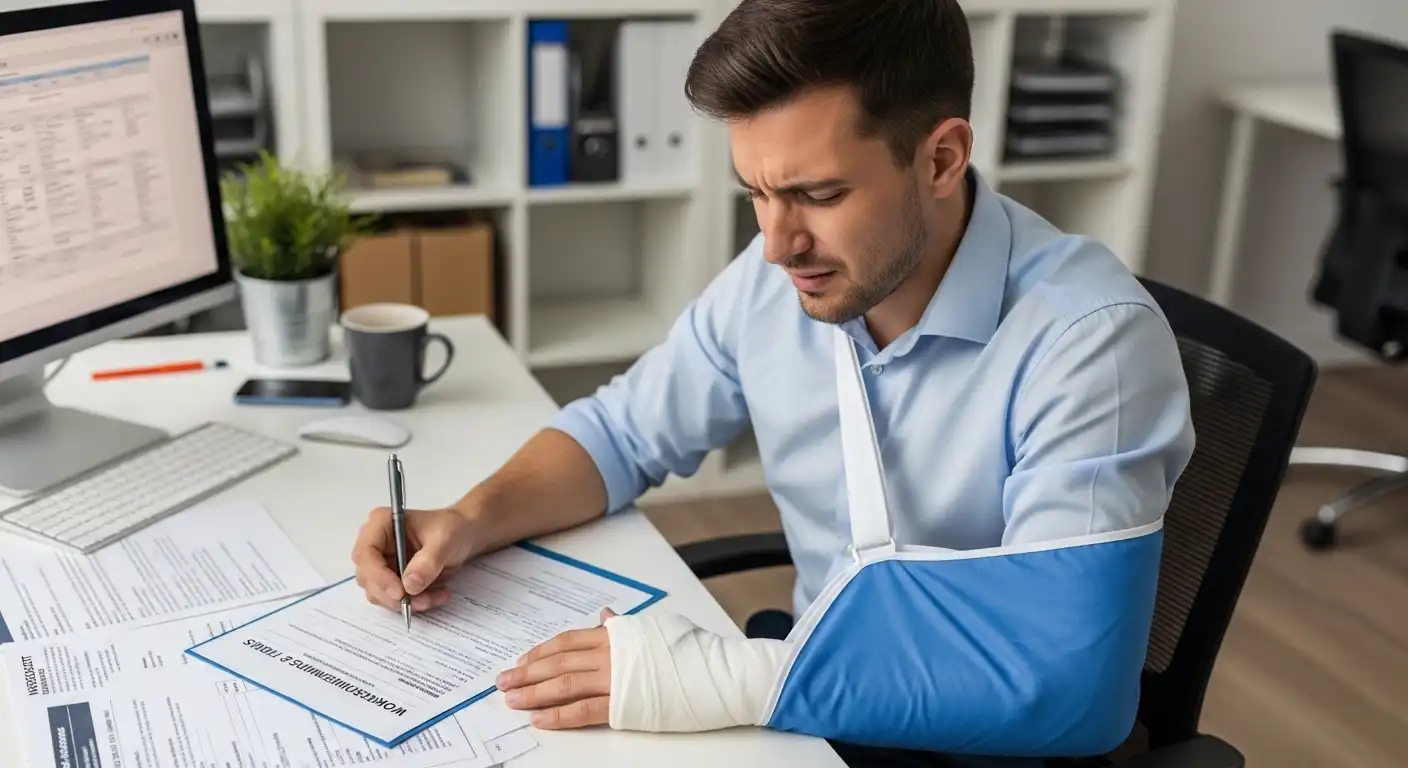 A male office worker in a light blue shirt, with his right arm in a blue medical sling and hand bandaged, uses his left hand to fill out a workers' compensation form at a white desk with a computer.