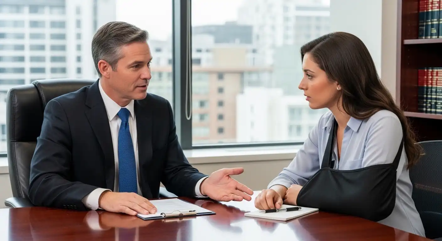A male lawyer in a professional office explains a document to a female client with her arm in a black medical sling, with a cityscape visible through the window behind them.
