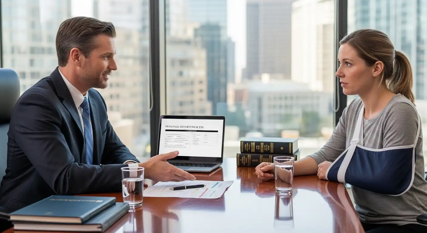 A male lawyer in a blue suit explains the legal process on a laptop to a female client with her arm in a blue sling during a meeting in a high-rise office.
