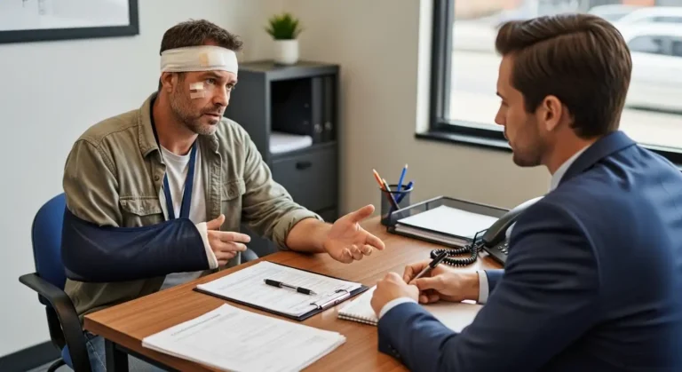 A male lawyer in a blue suit takes notes while interviewing a male client with a bandaged head and an arm in a sling during a legal consultation in a bright office.