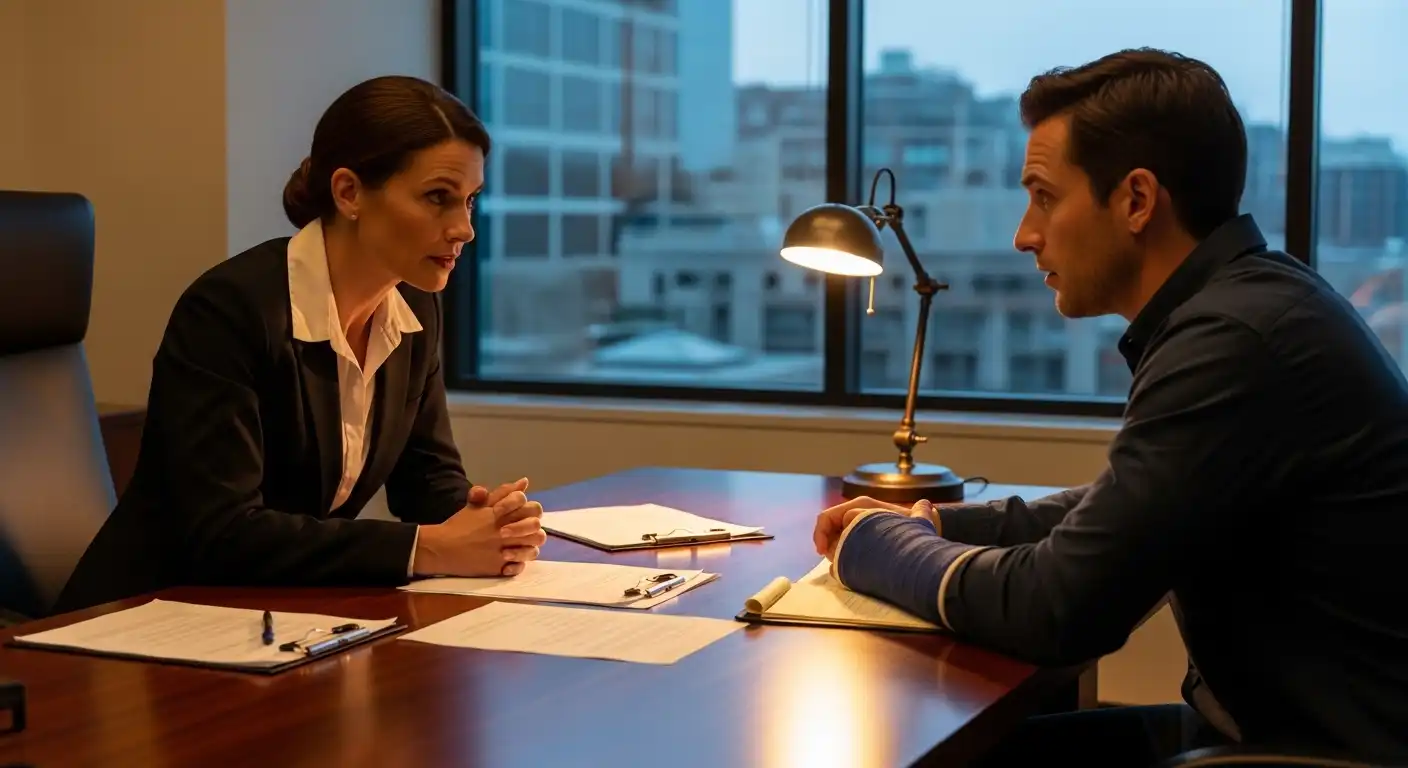 A female personal injury attorney in a suit sits at a desk across from a male client with an arm cast, discussing his legal case in a professional office.