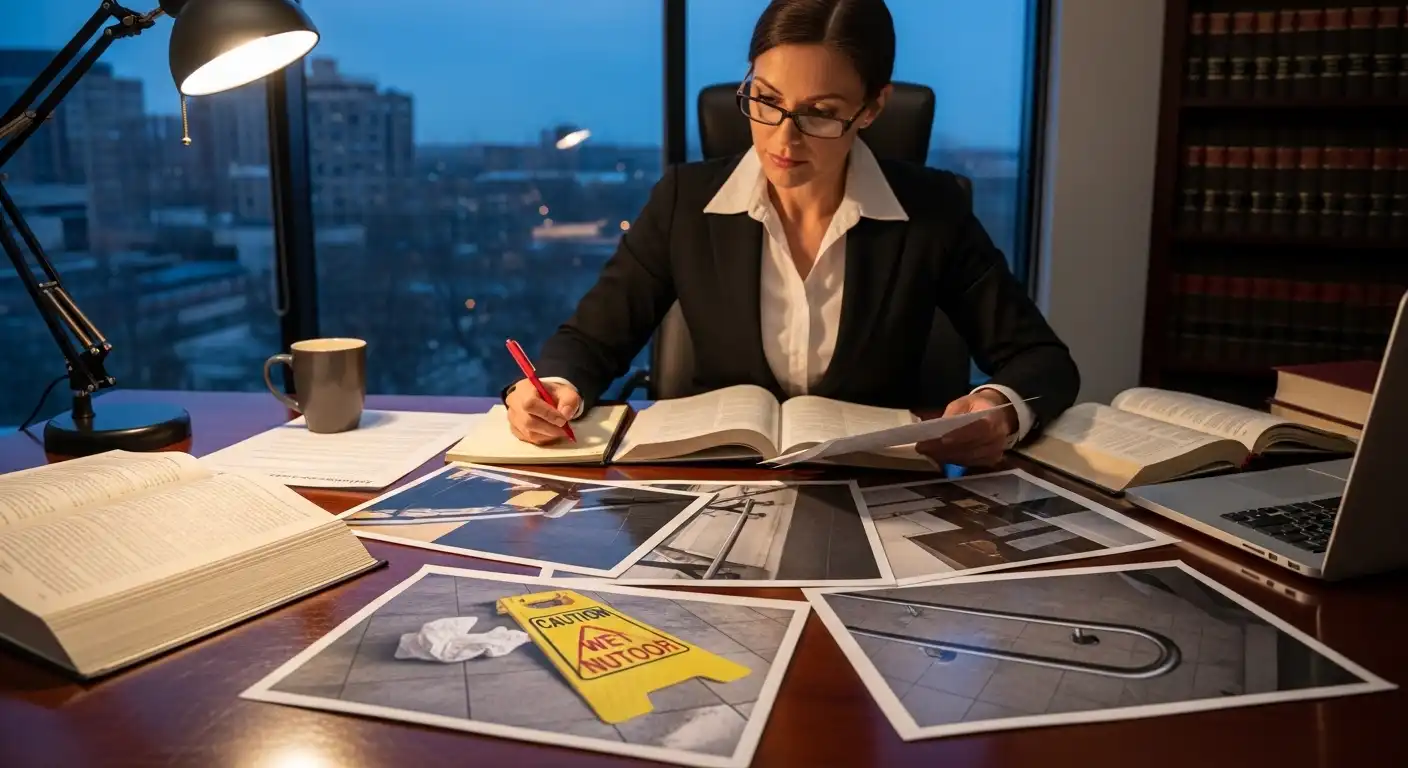 A female attorney in a suit reviews legal documents and evidence photos of a slip and fall accident at her desk in a law office at night.