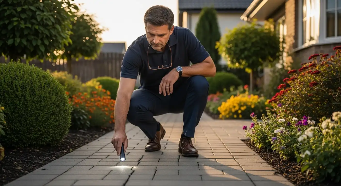 A man in business casual attire crouches on a stone paver walkway, using a flashlight to inspect a crack for safety hazards in a residential garden setting.