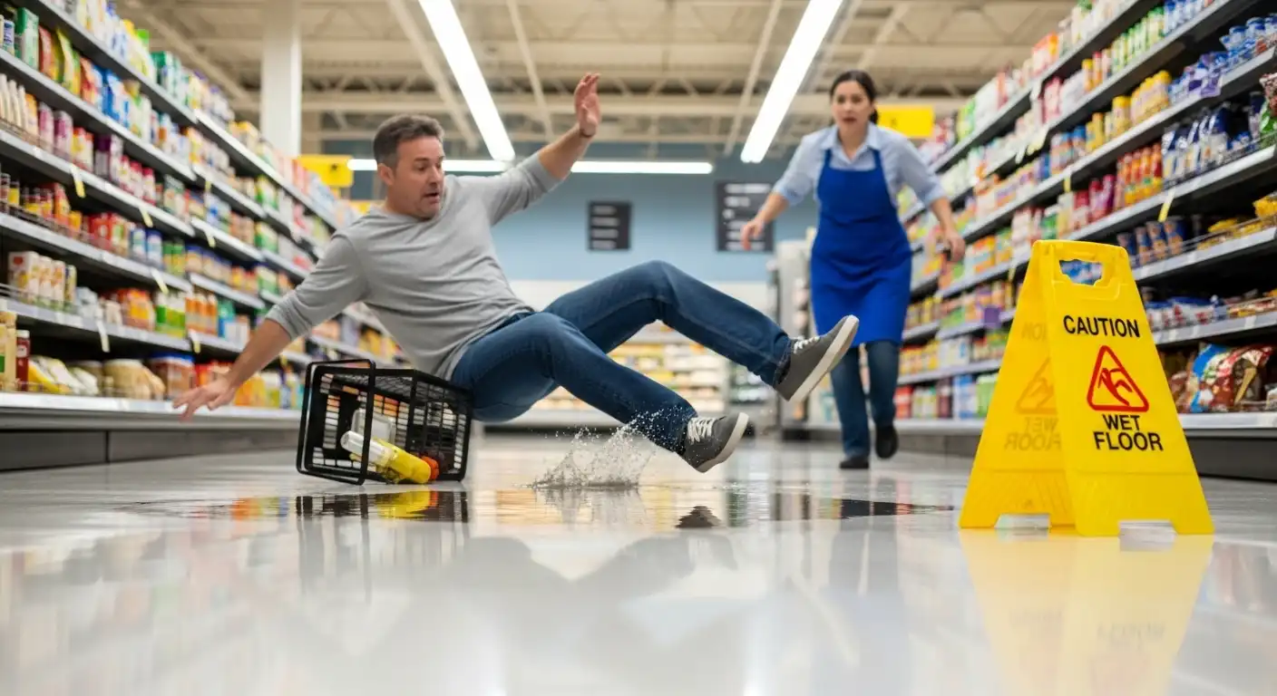 A man slips on a wet floor in a grocery store aisle while holding a shopping basket as a store employee watches in the background.