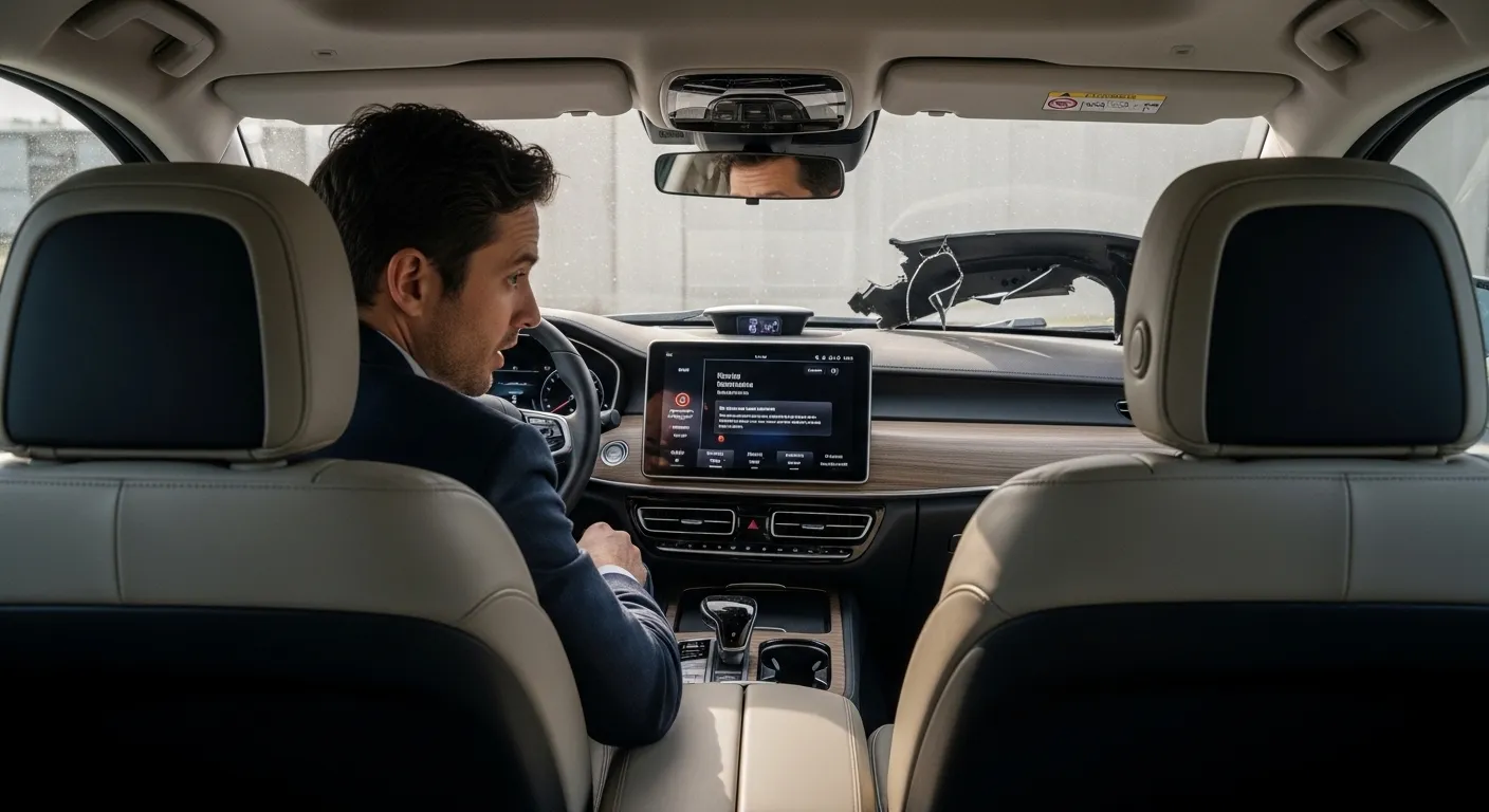 Interior of a self-driving rideshare vehicle after a crash