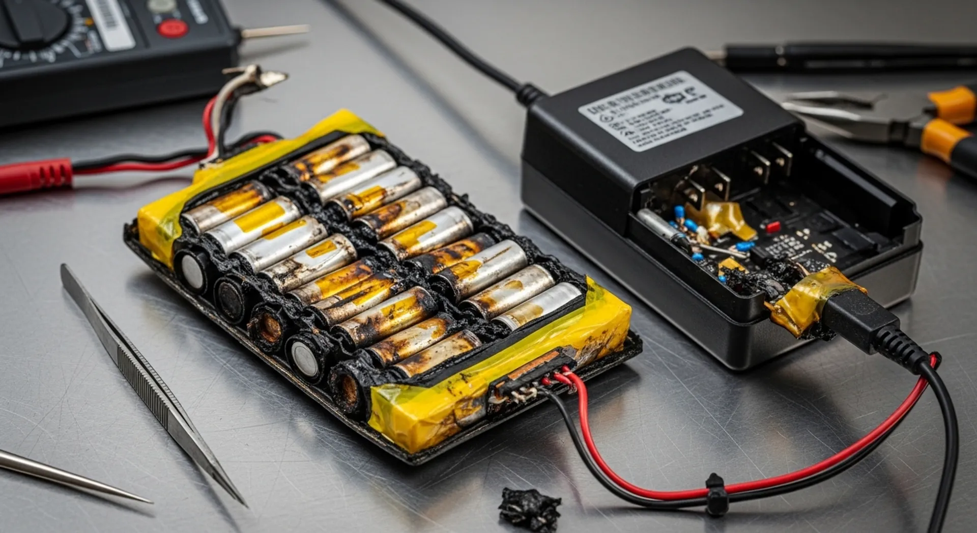 damaged lithium-ion battery and charger after fire investigation
