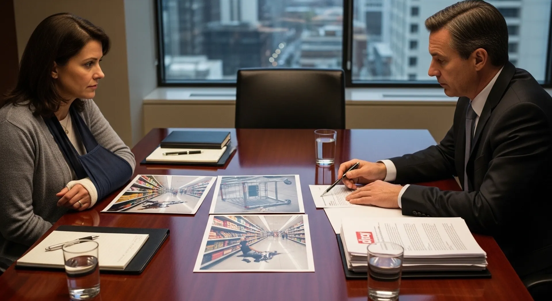 retail store slip and fall victim reviewing evidence with lawyer