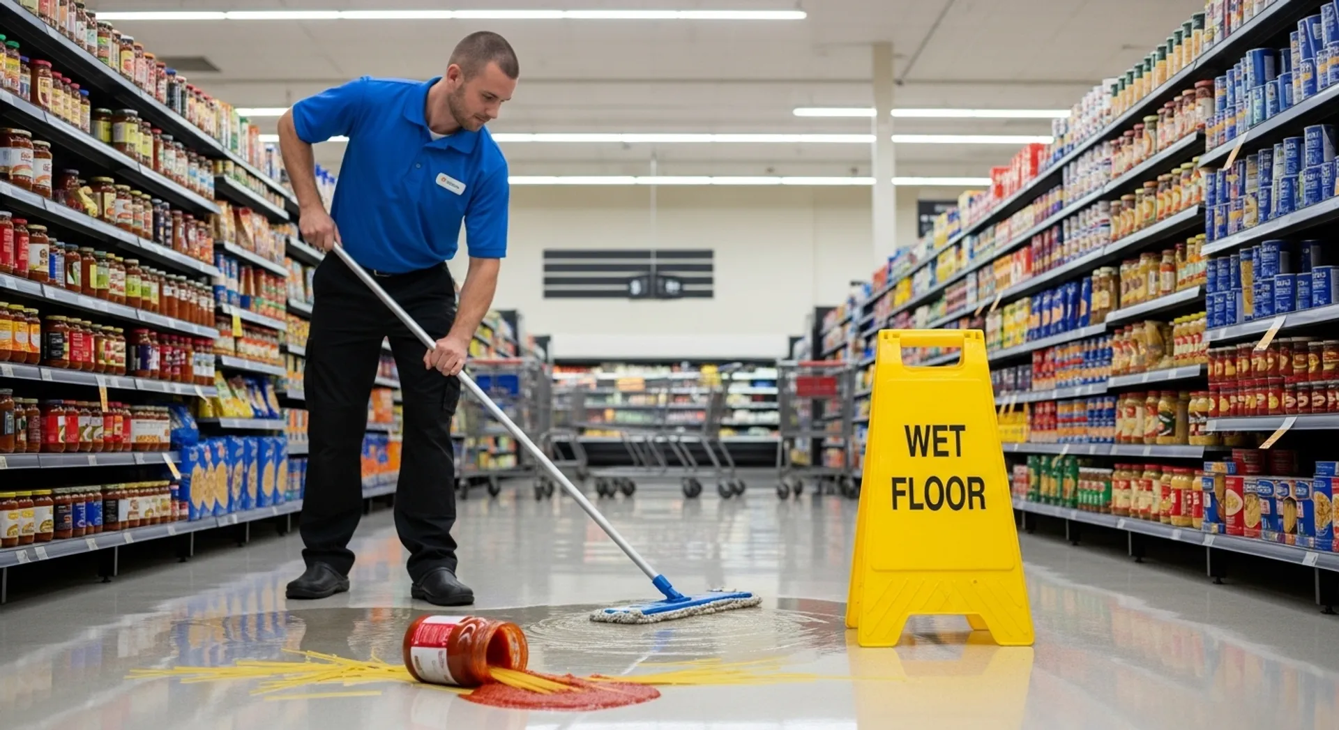 wet retail store aisle creating slip and fall hazard
