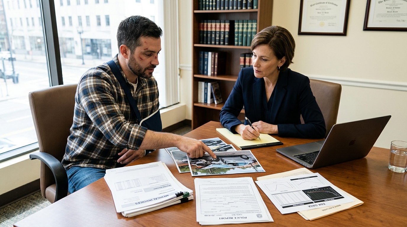 Lawyer explaining black box accident evidence to an injured driver