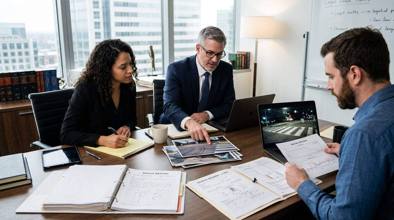 Legal team reviewing evidence for a pedestrian accident injury claim