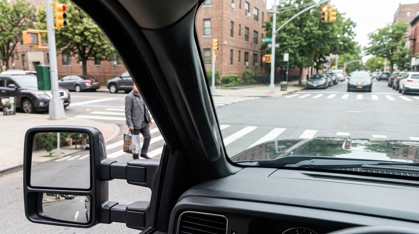 SUV blind zone blocking a driver view of a pedestrian near a crosswalk