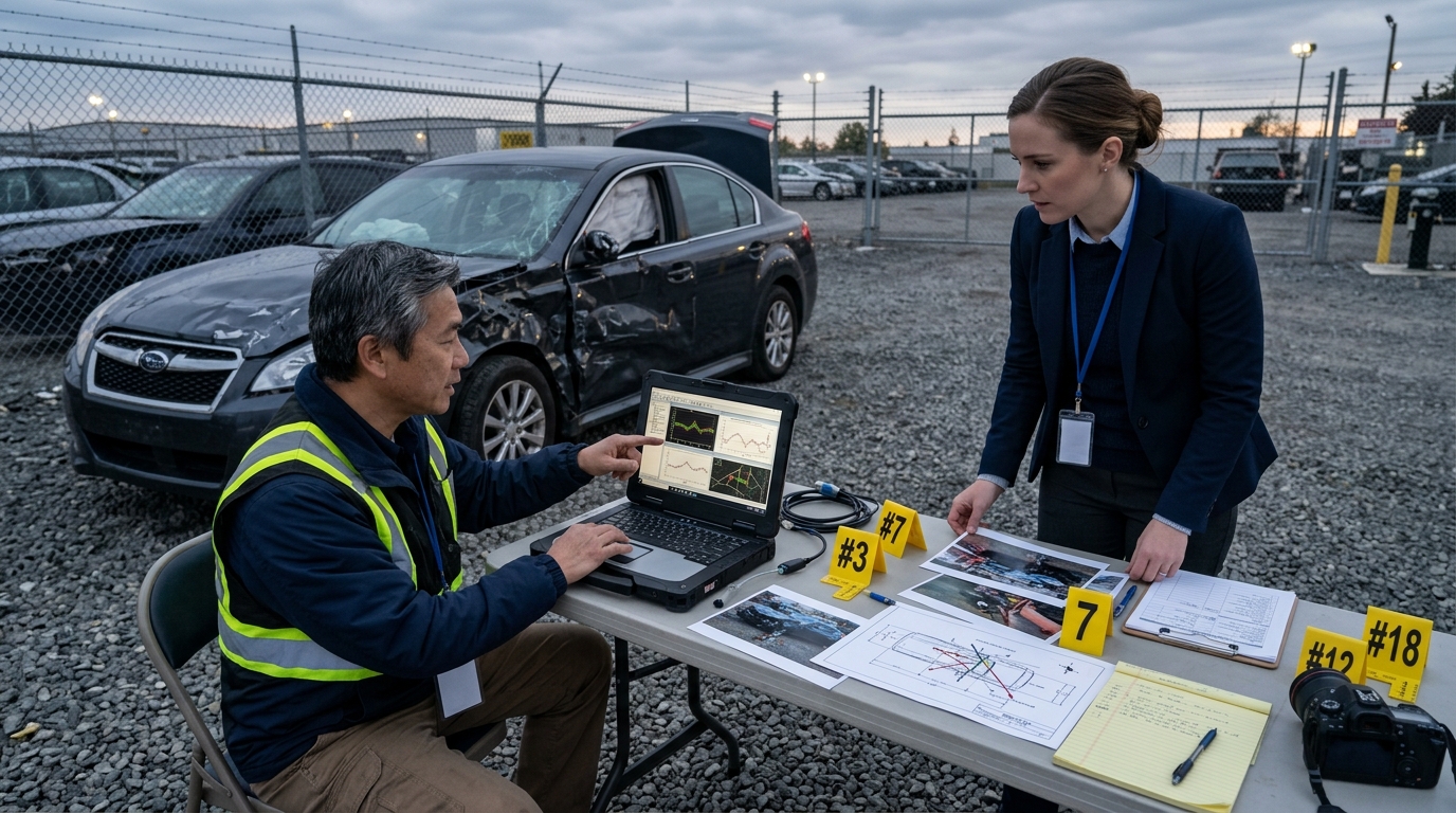 Accident investigator reviewing vehicle data for an automatic emergency braking claim