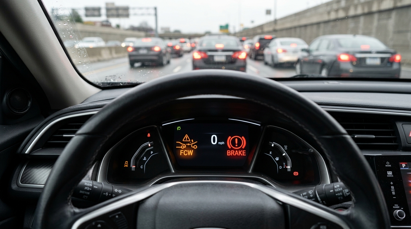 Dashboard warning showing automatic emergency braking evidence after a car accident