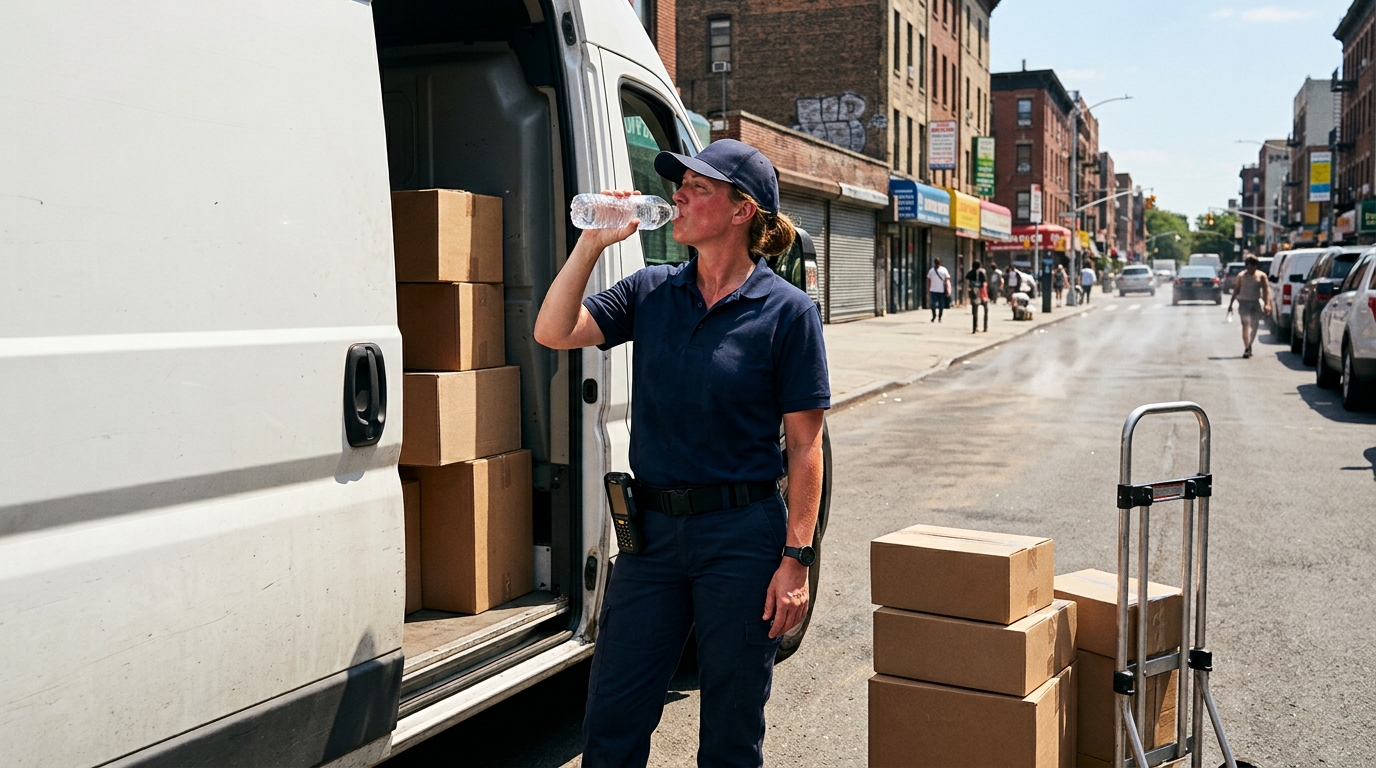 Delivery driver drinking water during a hot workday to prevent heat illness