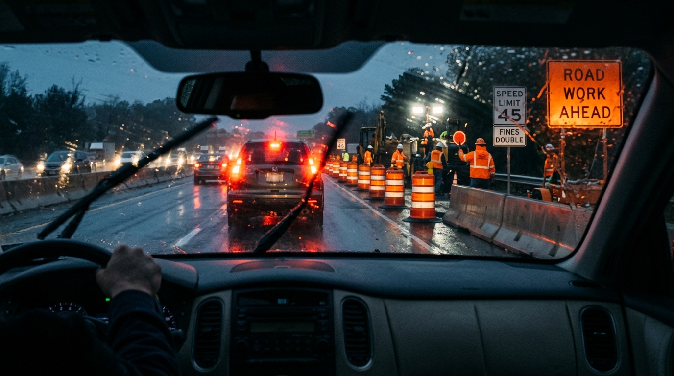 Driver slowing near work zone barrels to prevent a rear-end accident