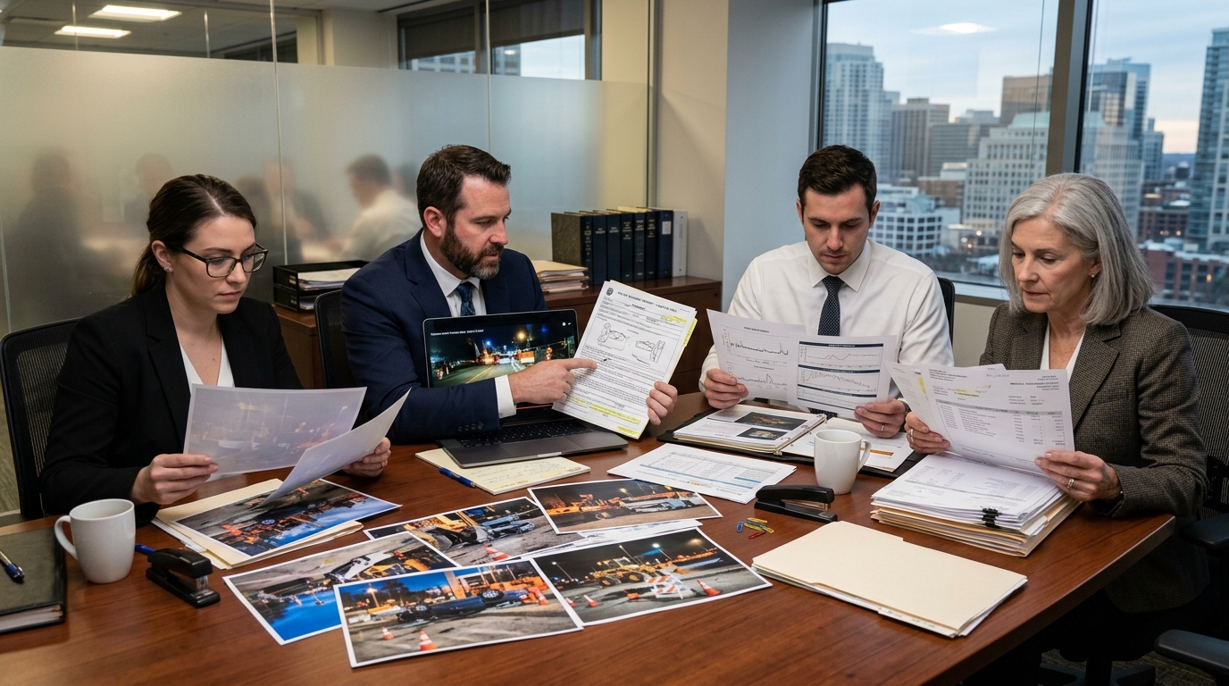 Legal team reviewing evidence for a work zone accident injury claim