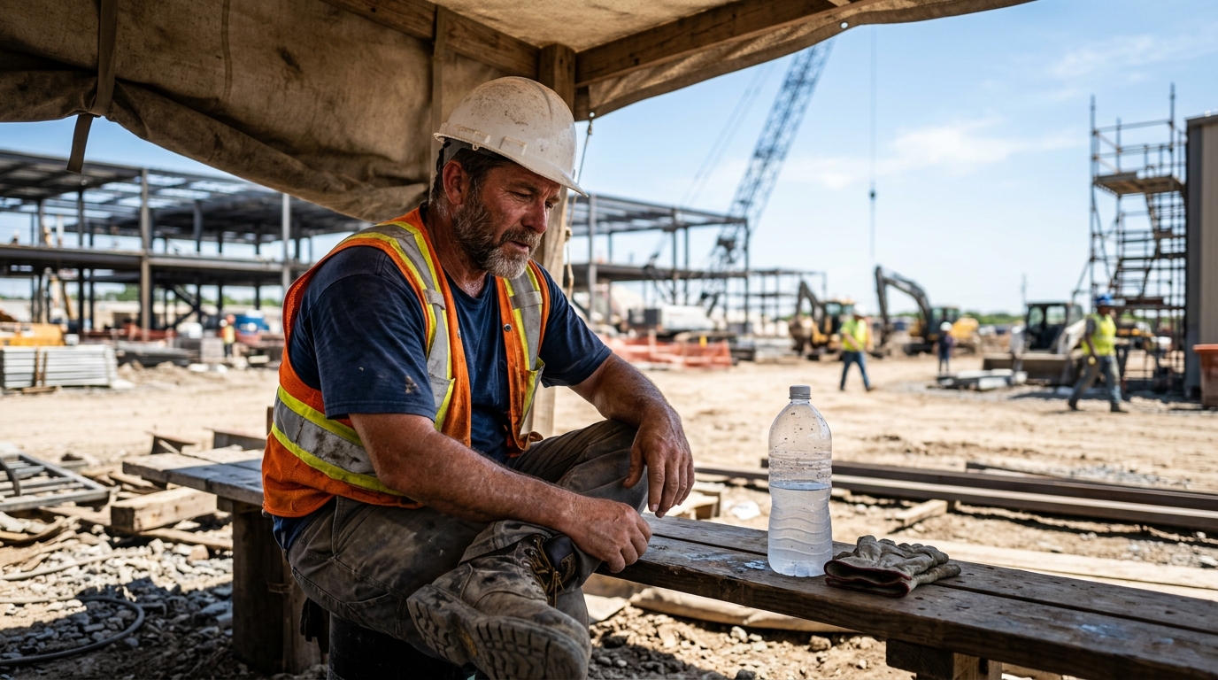Outdoor worker resting in shade after heat illness symptoms at a construction site